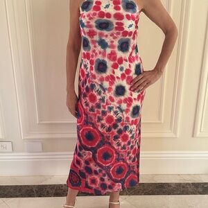 Zara maxi Sun Dress, abstarct tie dye circles dress, red/blue/white size S